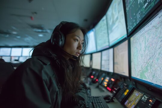 Dedicated professional with headset intently monitors multiple screens in a high-tech control room.