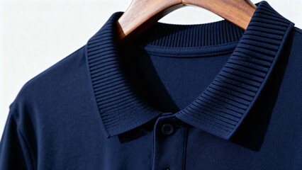 Close-up of a navy blue polo shirt with ribbed collar on a wooden hanger