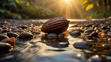 Cocoa pod resting on smooth stones in a serene river at sunset, surrounded by lush greenery