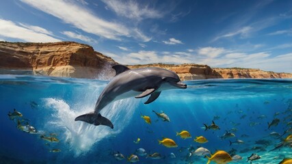 Dolphin leaping out of clear blue water near rocky coastline, surrounded by colorful fish and vibrant scenery