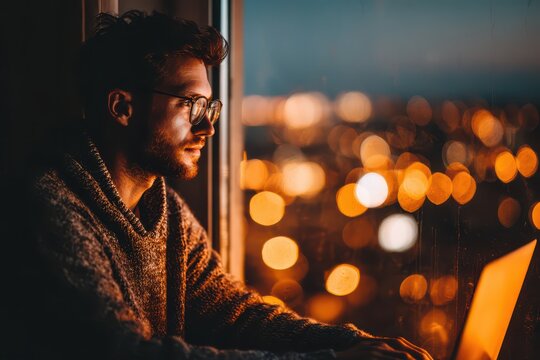 Young professional working on laptop at night, city lights blurring outside. - Powered by Adobe