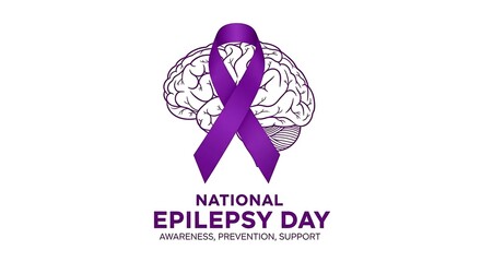 National epilepsy day awareness ribbon and brain isolated on white background