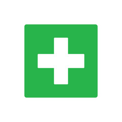 Green Square Plus Cross Icon Vector - Medical Help, First Aid, Add Symbol for Health and Positive Concepts