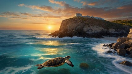 Sea turtle gliding over turquoise waters at sunset near a coastal cliff with a serene beach