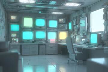 A futuristic surveillance command center filled with multiple glowing CRT screens.