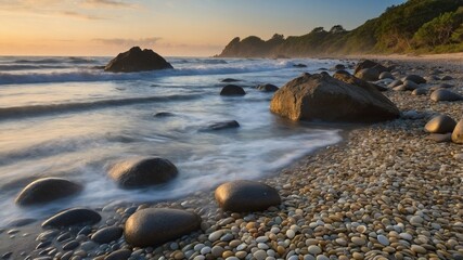 Serene coastal landscape at sunset with smooth pebbles on the beach and gentle waves lapping