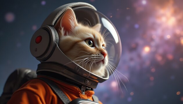 Curious cat in astronaut suit exploring outer space