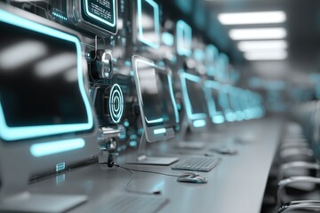 High-tech computer lab with glowing cyan monitors and advanced digital interface.