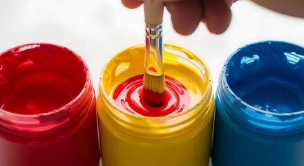 Artist dips paintbrush into vibrant red paint, surrounded by yellow and blue hues, ready for creation.