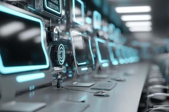 High-tech computer lab with glowing cyan monitors and advanced digital interface.