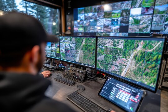 Operator overseeing multiple screens with complex geospatial data and drone feeds.