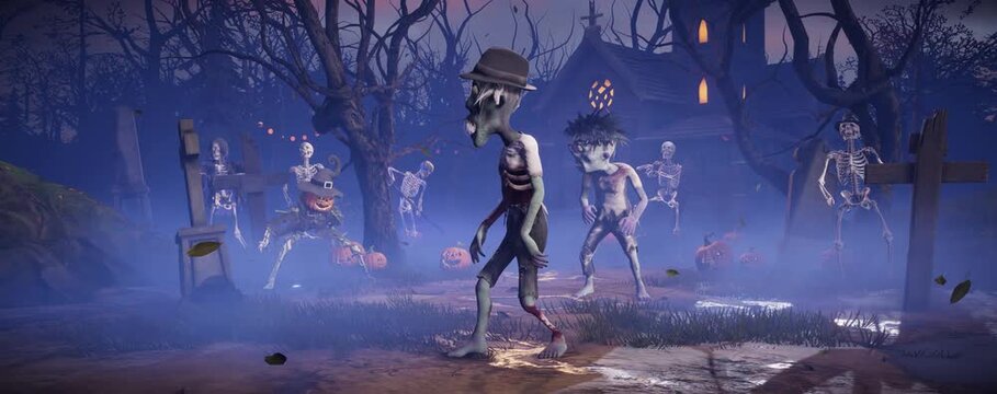 Halloween party. Funny zombies dancing among glowing pumpkins in the light of the full moon in a scary gothic cemetery. 3D animated background for holiday cards, invitations, posters, events, parties
