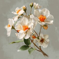 Delicate, cream-colored roses, and buds, on a textured, muted background