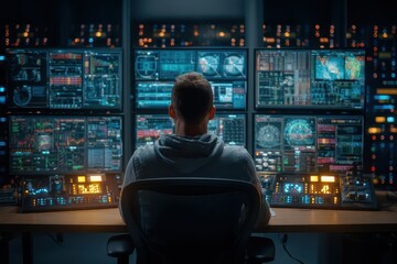Person viewing complex data on multiple high-tech glowing screens.