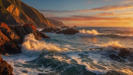Sunset over rocky coastline with waves crashing, capturing nature's beauty and tranquility