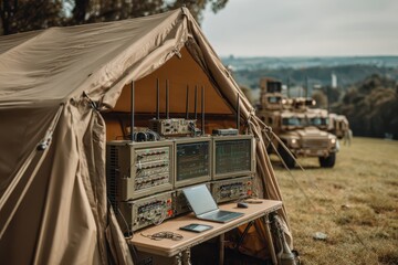 Military field command post with essential modern communication systems.