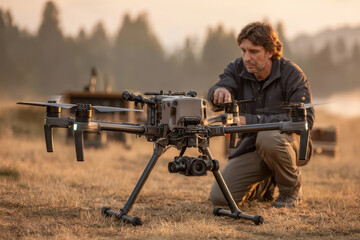Professional pilot setting up a large industrial drone with camera outdoors at dawn.