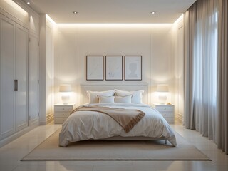 白が基調の上品で高級感のある寝室とキングサイズベッド