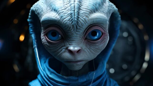 Blue skinned alien with large eyes in a hood, blinking and looking around in a dark spaceship, science fiction video footage