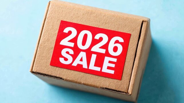 A cardboard box featuring a prominent red sticker that reads 2026 SALE, This image can be utilized for promotions, marketing materials, or e-commerce websites highlighting discounts and sales events,