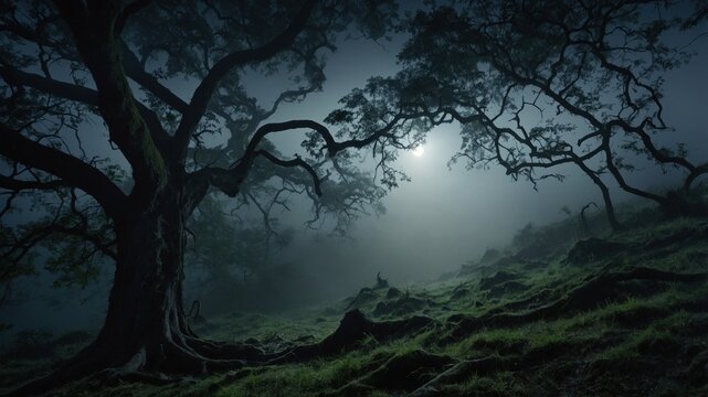 Enigmatic moonlit forest scene with twisted trees and mist, creating a mysterious atmosphere