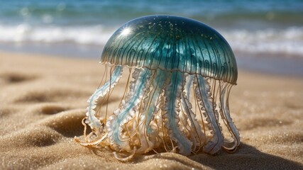 A vibrant jellyfish resting on sandy beach shore with ocean waves gently lapping in the background