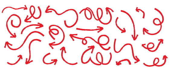 Bold Red Hand-Drawn Arrow Collection: A Set of Directional Indicators with Grunge Texture for Attention-Grabbing Visual Communication on White Background