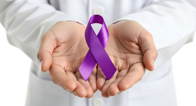 Doctor holding purple ribbon isolated on white background for epilepsy awareness