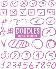 Hand Drawn Doodles Collection Vector Illustration Symbols Editable Elements Set Creative Artistic Marks Brush Strokes Check Marks Circles Numbers Arrows Hashtags Graphic Design Resource
