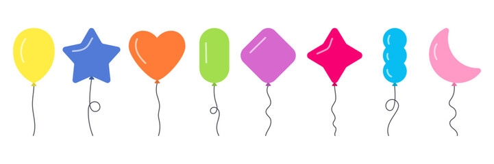 Colorful set of cartoon balloons in fun shapes: star, heart, moon, and more. Perfect for party, celebration, birthday, or festive design. Vector icon with flat style, isolated on white background.