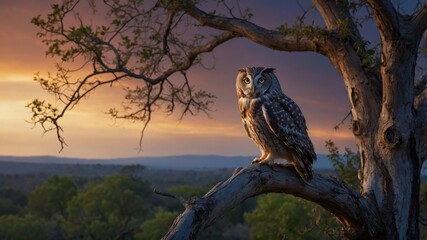 Majestic owl perched on a tree branch during a vibrant sunset, showcasing nature's beauty and tranquility