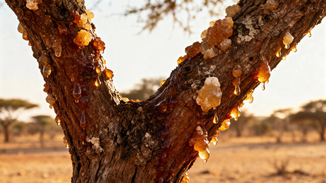 Resin oozing from a tree trunk in a dry savanna landscape