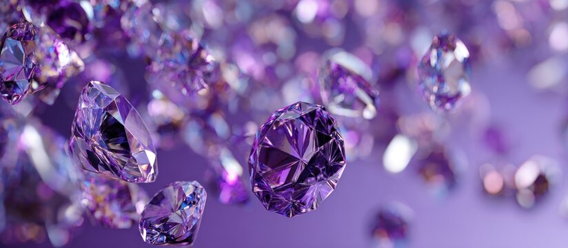 Sparkling, faceted jewels of varying sizes in a soft focus against a gradient purple background - Powered by Adobe