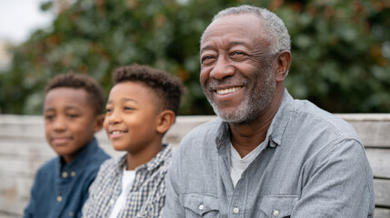 Multigenerational family moment celebrating father's day with grandfather and grandchildren outdoors