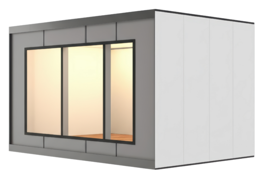Modern modular garden office pod with a large glass window isolated on a transparent background