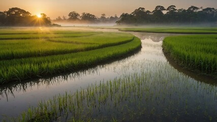 Serene sunrise over lush green rice fields with winding river and misty trees in the background