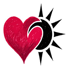 Heart and crescent sun sketch in red and black, sunburst drawing heart sun combination.