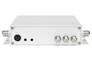 Obraz premium Professional silver electronic signal box with multiple connectors isolated on a transparent background