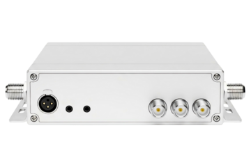 Professional silver electronic signal box with multiple connectors isolated on a transparent background