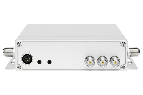 Professional silver electronic signal box with multiple connectors isolated on a transparent background