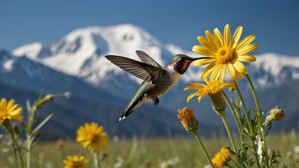 Naklejka premium Hummingbird feeding on vibrant yellow flowers with majestic mountains in the background