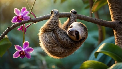 Naklejka premium A sloth hanging from a branch surrounded by vibrant orchids in a lush green rainforest setting