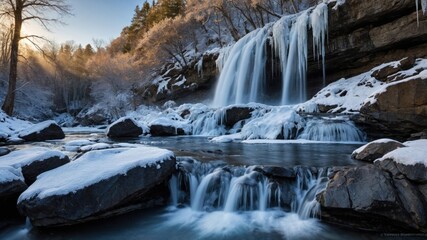 Serene winter waterfall cascading over icy rocks in a tranquil forest setting with soft sunlight
