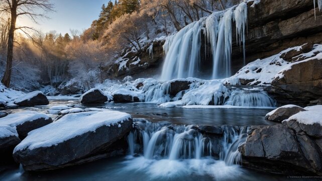 Serene winter waterfall cascading over icy rocks in a tranquil forest setting with soft sunlight - Powered by Adobe