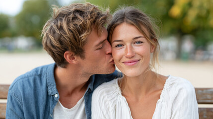 Obraz premium Celebrating world kiss day: romantic couple sharing a tender moment outdoors