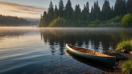 Obraz premium Serene morning scene with a canoe on a tranquil lake surrounded by lush evergreen forests