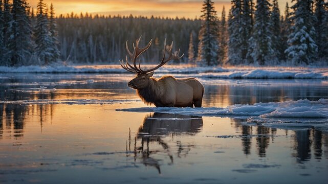 Majestic elk standing in a serene frozen lake at sunset, surrounded by snow-covered trees - Powered by Adobe