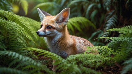 Obraz premium A curious fox peering through lush green ferns in a serene forest environment, showcasing nature's beauty
