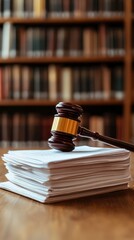 Gavel Resting on Legal Documents in a Library With Shelves of Books in the Background