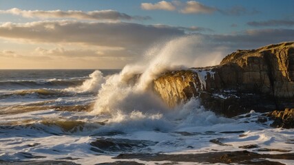 Dramatic ocean waves crashing against rugged cliffs at sunset, creating a picturesque coastal scene